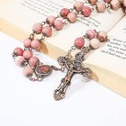 Pink Rose Aventurine Stone Beads Necklace Holy Soil Medal And Cross Crucifix