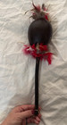 Vintage Hand Carved Gourd Rattle Shamanic Ritual Maraca Etched Face Feathers 15 