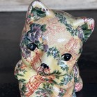 Vintage Ceramic Glazed Country Floral Fabric Decoupage Kitty Cat Figurine 7x6  