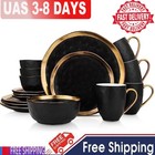 Stone Lain Porcelain 16 Piece Dinnerware Set Service For 4 Black And Golden Rim