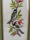 Vintage Hand Embroidered Framed Set Of Birds On Branch 9 x19  Rectangle Artwork