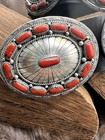 Signed Navajo Sterling Silver   Red Coral Concho Belt     9 Conchos   Buckle 