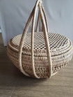 Round Storage Wicker Basket W handle  lid Vintage