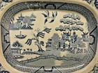 Antique Asian Chinese Village Blue Willow England Ironstone Platter 19th Century