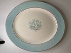 2 Vintage Mid Cent Sevron Blue Lace Oval Serving Platter 15 1 8  Platinum Trim
