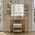 47  corner Vanity Desk With Mirror   Lights  Fluted Vanity With 8 Drawers  Oak