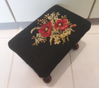 Vintage Antique  Small Foot Stool Rest Wood Legs Black Floral Needlepoint