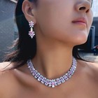 Silver Plated Pink Zircon Leaf Tennis Necklace Earrings Women Bridal Jewelry Set