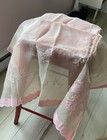 Vintage 50s Organza Sheer Pink Floral Embroidered Tablecloth Small 35x35 Square