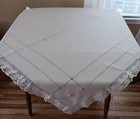 Vintage White Linen Tablecloth Bobbin Lace Drawn Thread Victorian 48 