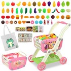 2-in-1 Kids Shopping Cart Toy Set With 72pcs Play Food   Grocery Accessories - P