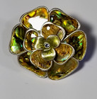 Mexican Alpaca Silver Abalone Shell Flower Brooch Pin Blue Rhinestone Vintage 2 