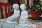 Rare Vtg  Italian Plaster Cast Boy   Girl On Marble Base Bookends Neoclassical
