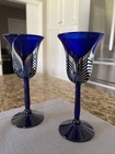Pair Of Correia Cobalt Blue Pulled Feather 9-3 4  Wine Glass Goblets W Coas