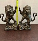 Vintage Bronze Patina Cast Metal Lion Bookends Pair Neoclassical Library Decor
