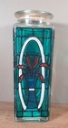 Stained Glass Mosiac Square Bottle Vase Cork Top Aqua Red Blue White Art Nouveau