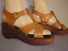 Sz 7 Nos Vtg 70s Shoe Platform Sandals Gold Ciranno Leather Wood Type Wedge Heel
