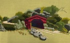 Vintage 70s Hand Embroidered Covered Bridge Landscape Framed Art 25x13 Unsigned
