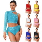 Women s Sparkly Lyrical Dance Costume Jazz Latin Crop Top With Feather Briefs 