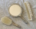 Silver Plated Rhinestone Jeweled Vanity Set Mirror Brush Comb Aurora Borealis