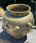 Antique Late 19th Century Chinese Brass Dragon Urn Vase planter Signed H 5 25   