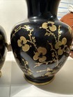 Pair Of Hollohaza Hungary Cobalt Black Vase Cherry Blossom Gold Trim 6     1831