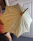 Early American Victorian Embroidered Real Irish Linen Wooden Handle Parasol 