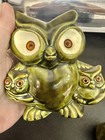 Vintage Green Ceramic Owl Figurines Set Mom Babies Glass Eyes Retro 1970s