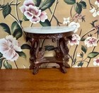Vintage Dollhouse Miniature Wall Table White Marble Top Ornate Dark Wood Base