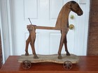 Hand Carved Wooden Horse Pull Toy On Wheels Folk Art Decor