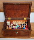Victorian Mahogany Sewing Box   Hand-inlaid Stag Decoration   Inner Tray Spools