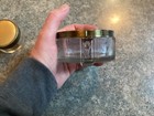Vintage Powder Dresser Trinket Jar W gold Lid - Pressed Glass   Footed   Smaller