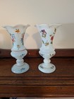 Antique Pair Hand Blown Bristol Milk Glass Vases Painted Roses Ruffled Pontil