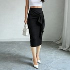 Women s Spring Summer Black Midi Skirt High Waist Stretchy Ruched Side Knot Casu
