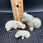 Vintage Miniature Ceramic Hippo Family Figurines Set Of 3 Green Glazed Pottery
