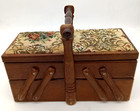 Vintage Wood Sewing Box Expandable Accordion 2 Tier Floral Tapestry Top 12x6x9