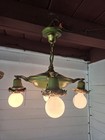 Antique Art Deco Brass 4 Light Chandelier Ceiling Light  1920 s Green gold