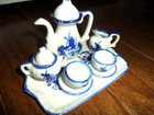 Vintage Hand Painted Delft Blue Miniature Tea Set Porcelain   10 Pcs