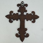 Cast Iron Wall Hang Cross Ornate Fleur De Lis Painted Rustic Brown Art Decor 10 