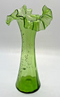 Antique Bohemian Art Nouveau Green Blown Glass Ruffled Vase Guilt 7 