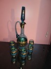 Vintage Teal Bohemian Glass Decanter Set Gold Gilt 5 Cordial Glasses