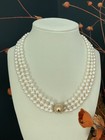 Aaa Triple Strand Akoya Pearl Necklace 14k Gold Mirror Luster