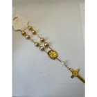 Gold Tone Rosary Necklace Virgin Mary Medal Crucifix Faux Pearl Beads Rhinestone