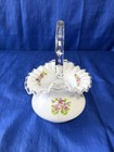 Vtg Fenton Art Glass Hand Painted Violets In The Snow  Basket Silver Crest 7 5 