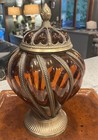 Large Vintage Amber Brown Caged Bubble Glass Apothecary Jar  Brass Base   Lid