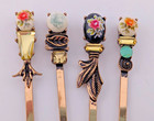 4 Glass Rhinestone   Cameo Bobby Pin Set Crystal Barrette Goldtone Hair Clips H1