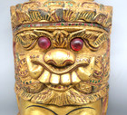      Antique 19thc Burmese Temple Guardian Head Gilt Wood Glass Eyes 16   