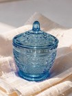 Vintage Blue Pressed Glass Candy Dish Lid Daisy Cane Pattern 4 5  Sugar Bowl