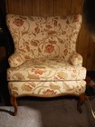 Pair Of Antique Vintage French Walnut Carved Upholstered Wingback Armchairs