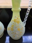Pair Antique Victorian Green Satin Glass Ewers Hand Painted Enamel Vases 1890s
